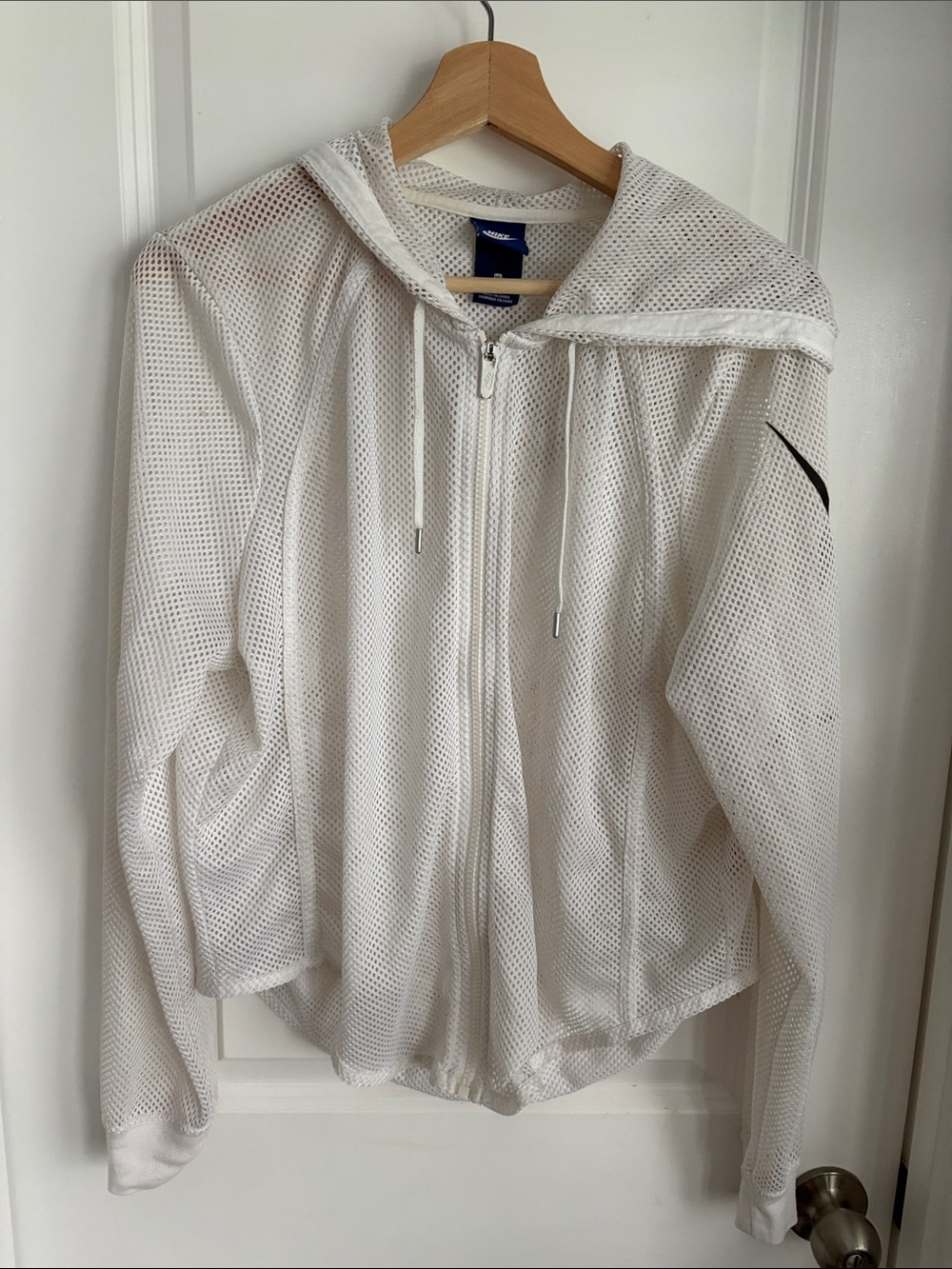 Nike White Mesh Hooded Bomber Jacket with Black Swoosh